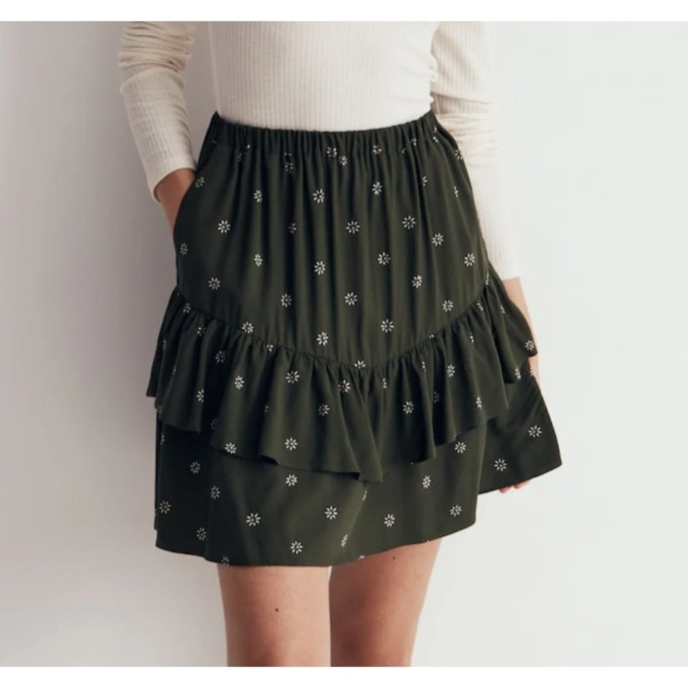 Madewell Tiered Mini Skirt Green Floral Ruffle Viscose NI605 XL